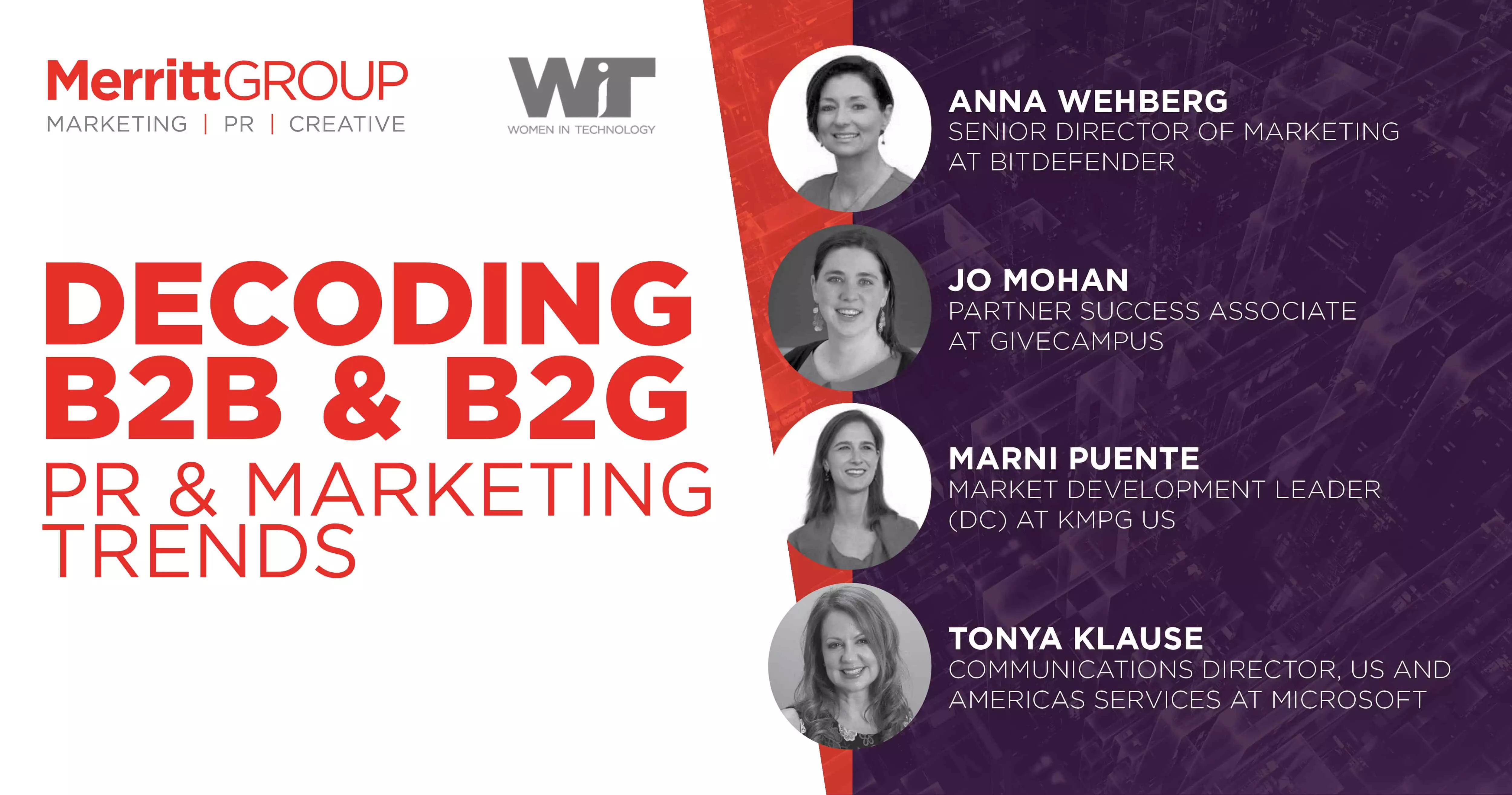 Speaker panel at WIT event analyzing key B2B and B2G PR marketing trends, with event branding and Merritt Group logo visible.