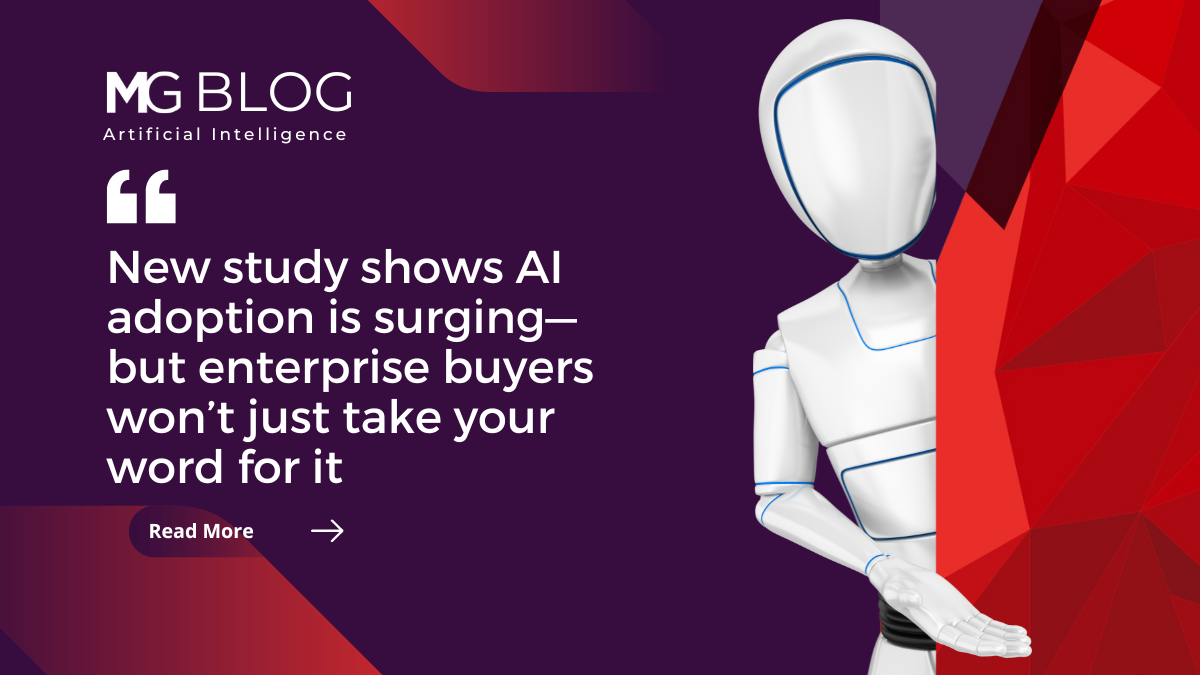 Blog cover image of a robot peering around a corner to promote AI report.