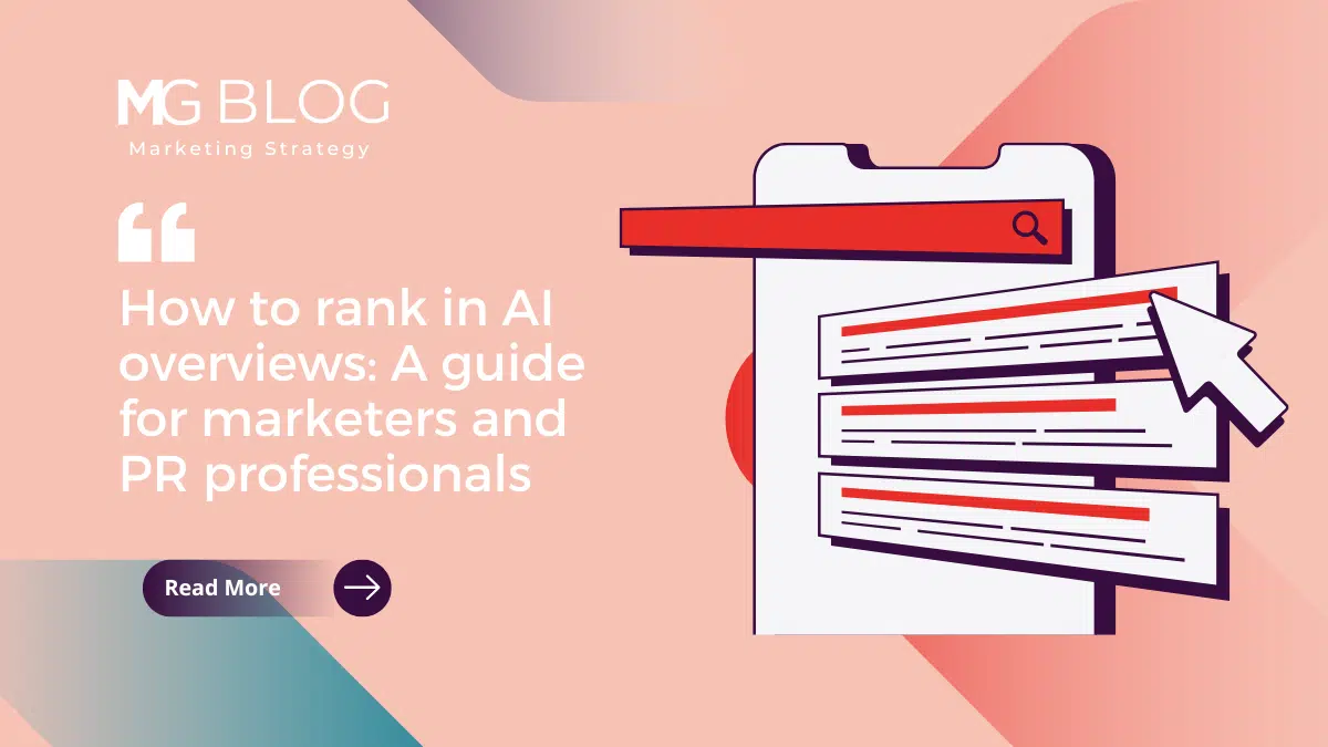 Feature image for a blog about how to rank in AI overviews. Teaches marketers and PR pros about AI overviews optimization.